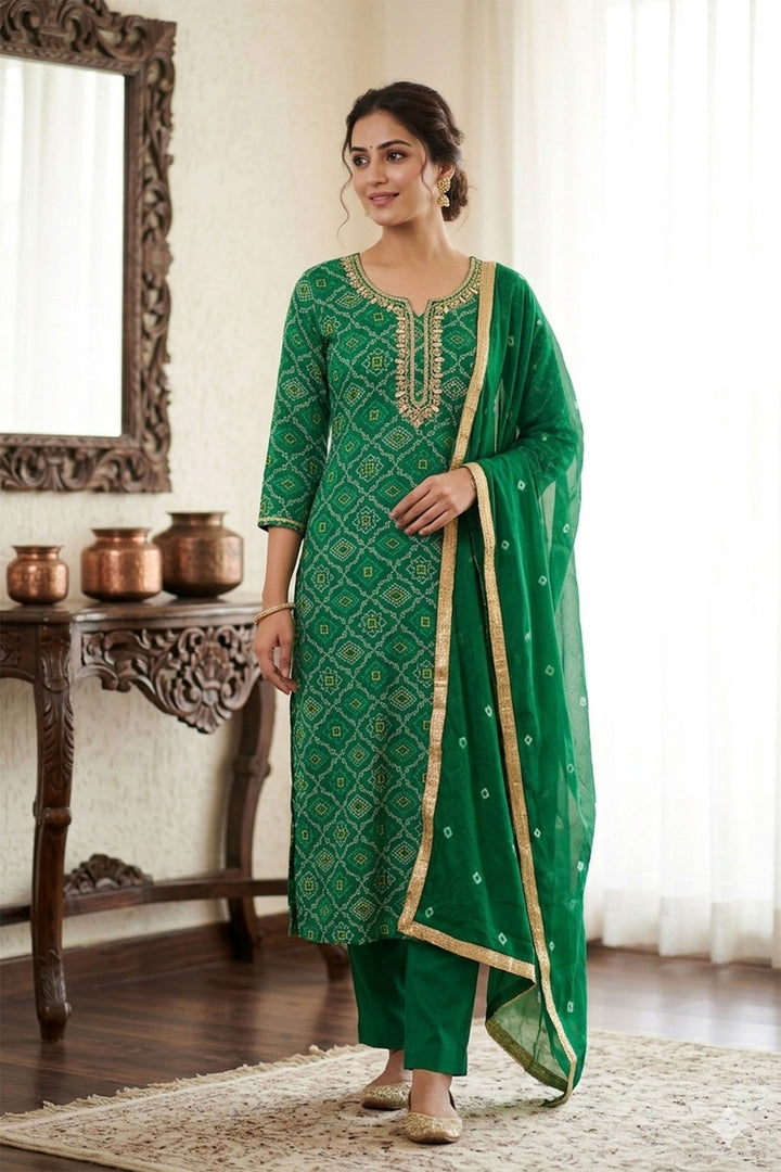 Green Color Glamorous Bandhani Style Cotton Salwar Suit
