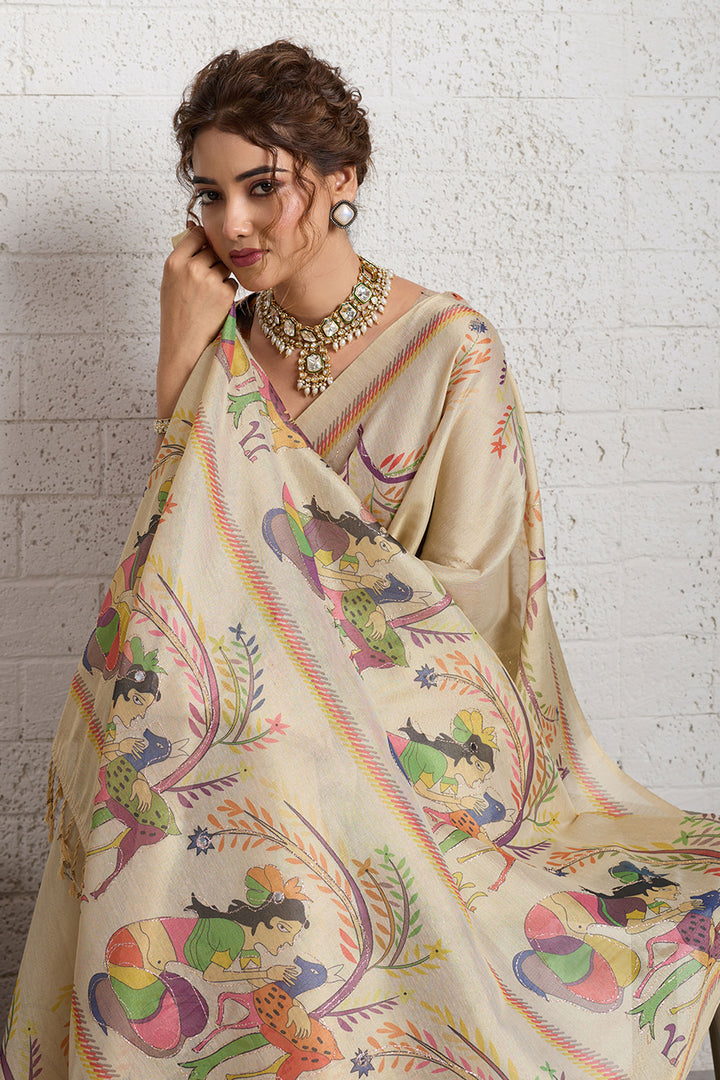 Classic Beige Color Printed Linen Saree