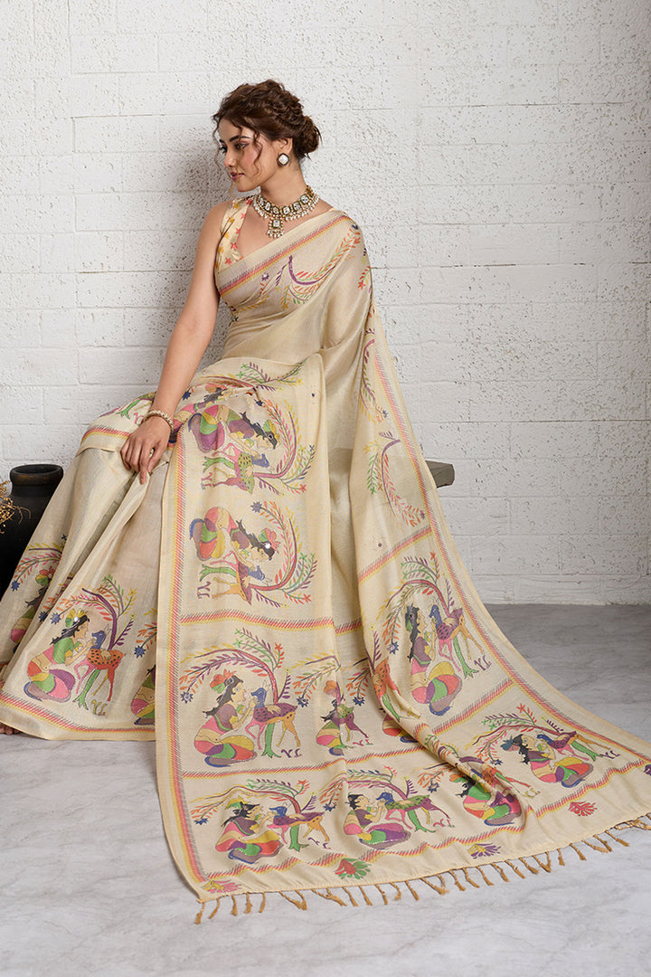 Classic Beige Color Printed Linen Saree