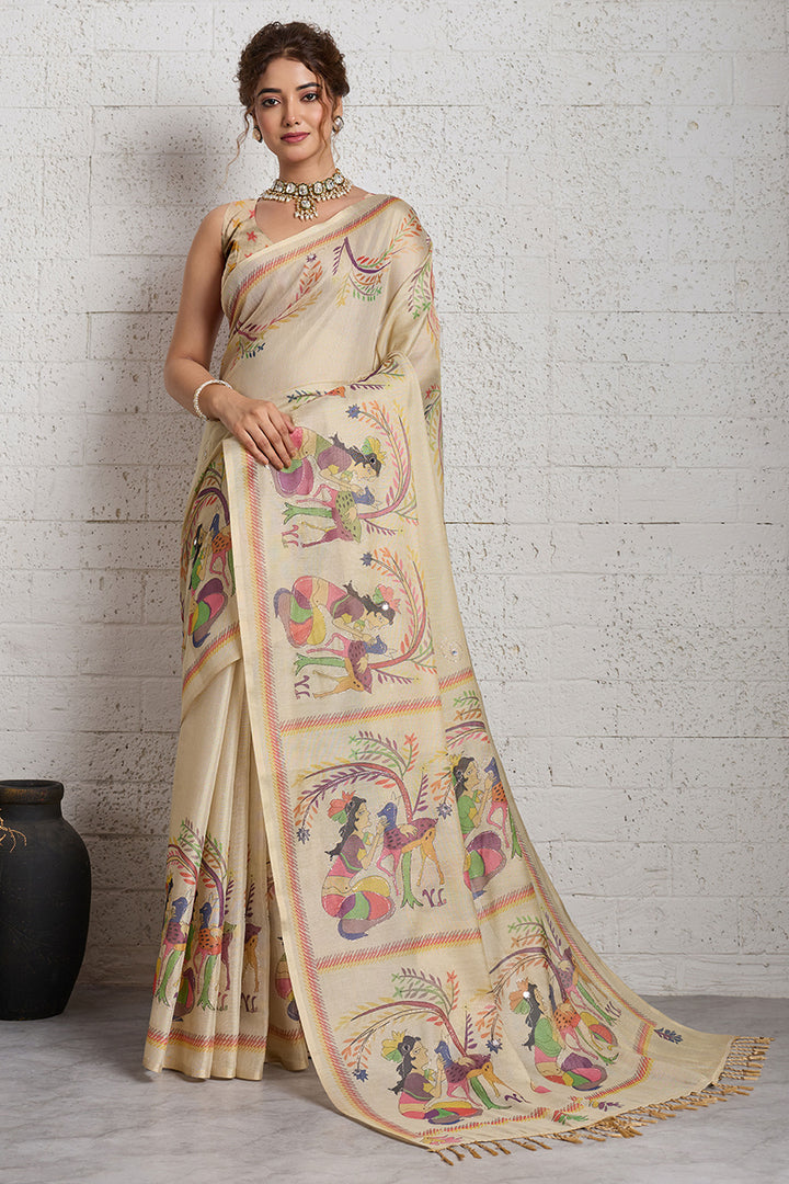 Classic Beige Color Printed Linen Saree