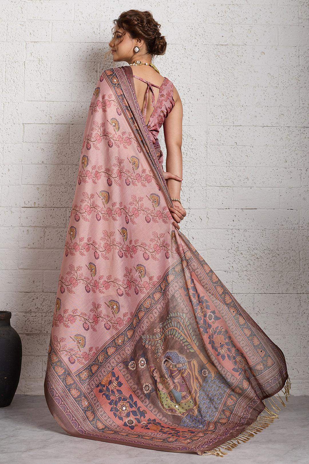 Gorgeous Traditional Pink Printed Linen Saree