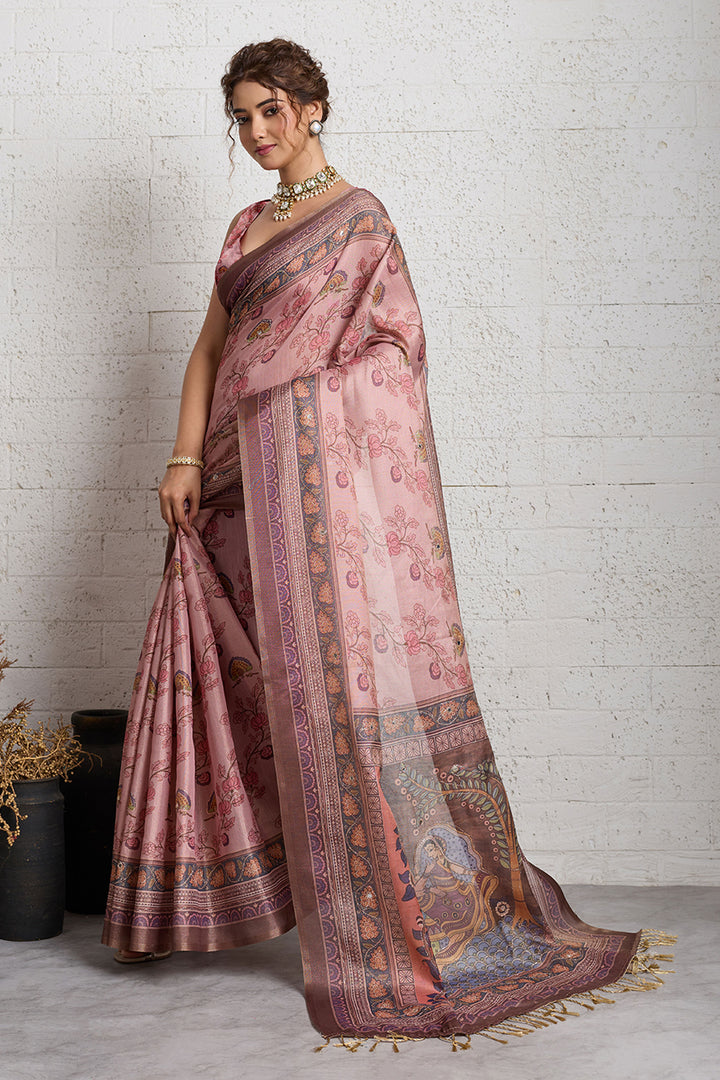 Gorgeous Traditional Pink Printed Linen Saree
