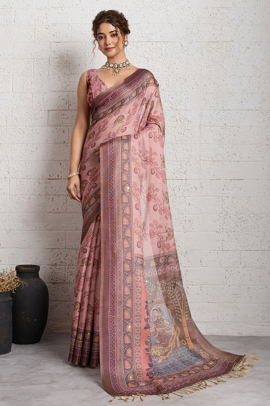 Gorgeous Traditional Pink Printed Linen Saree