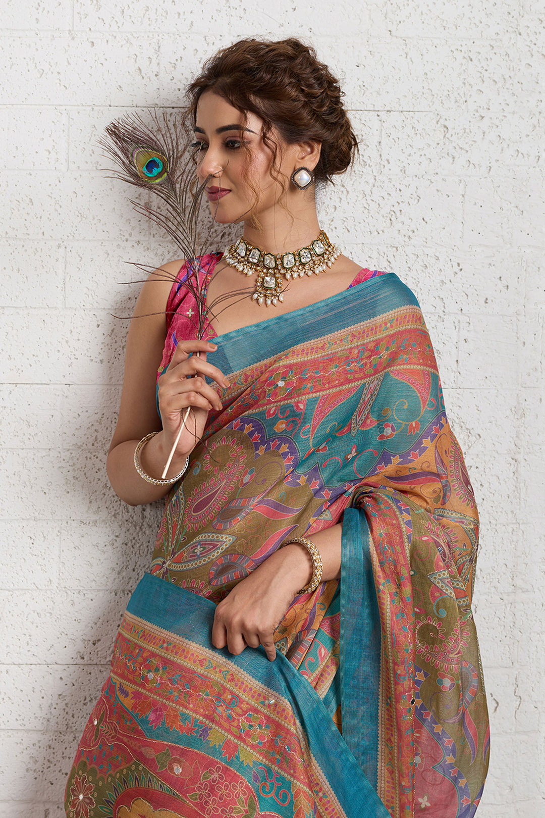 Attractive Multi Color Linen Printed Saree
