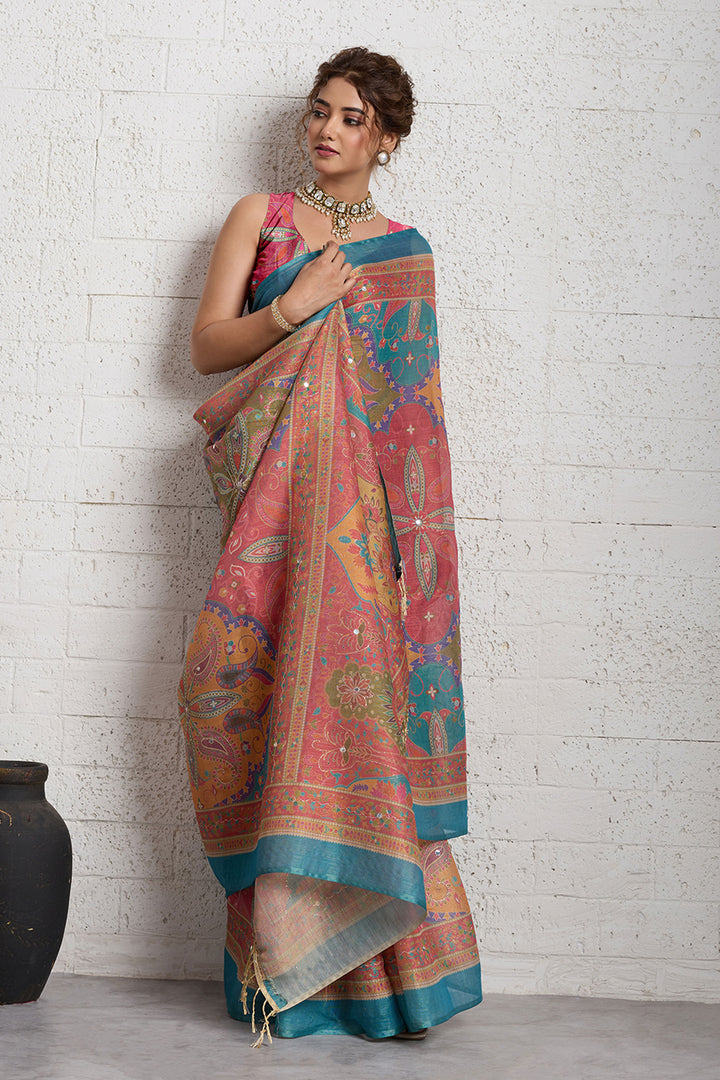 Attractive Multi Color Linen Printed Saree