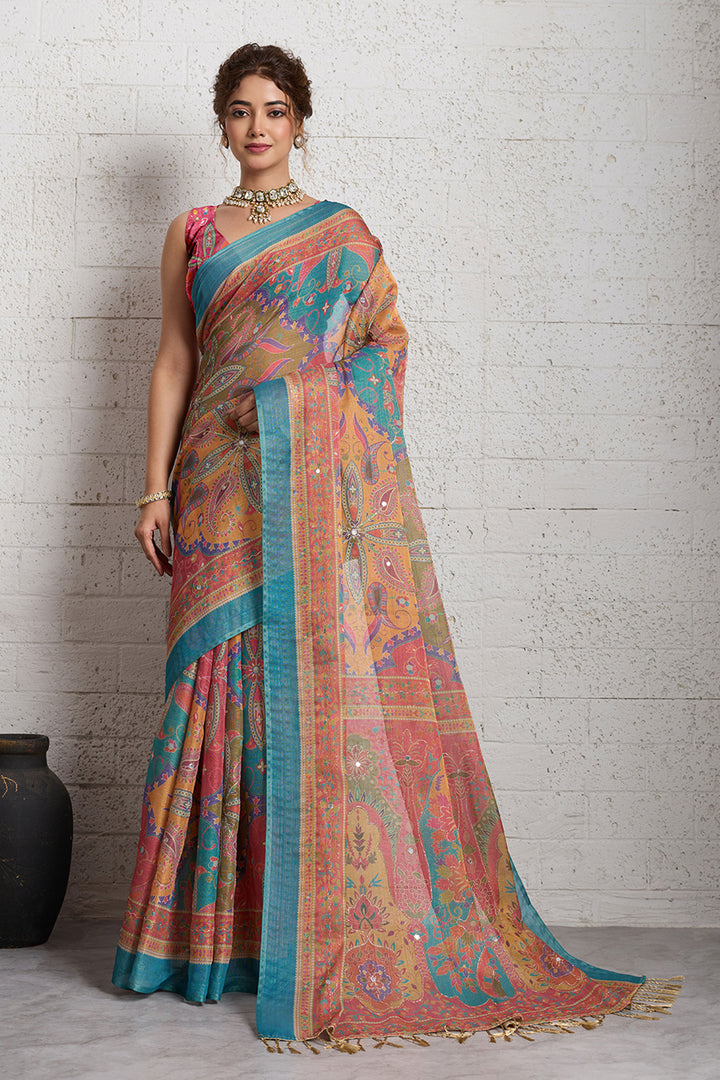 Attractive Multi Color Linen Printed Saree