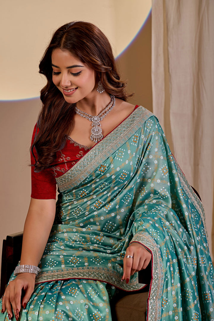 Soothing Bandhani Style Printed Saree In Sea Green Color