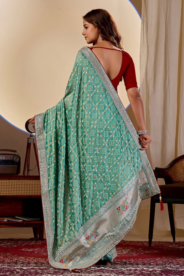 Soothing Bandhani Style Printed Saree In Sea Green Color