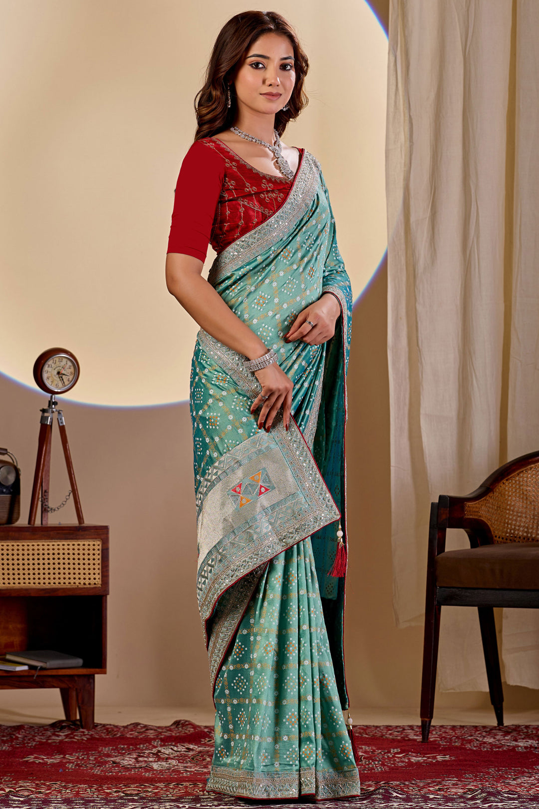 Soothing Bandhani Style Printed Saree In Sea Green Color