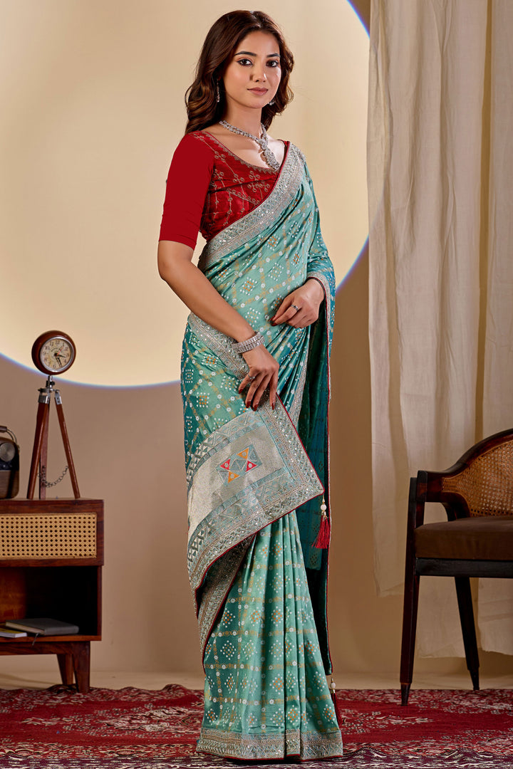 Soothing Bandhani Style Printed Saree In Sea Green Color