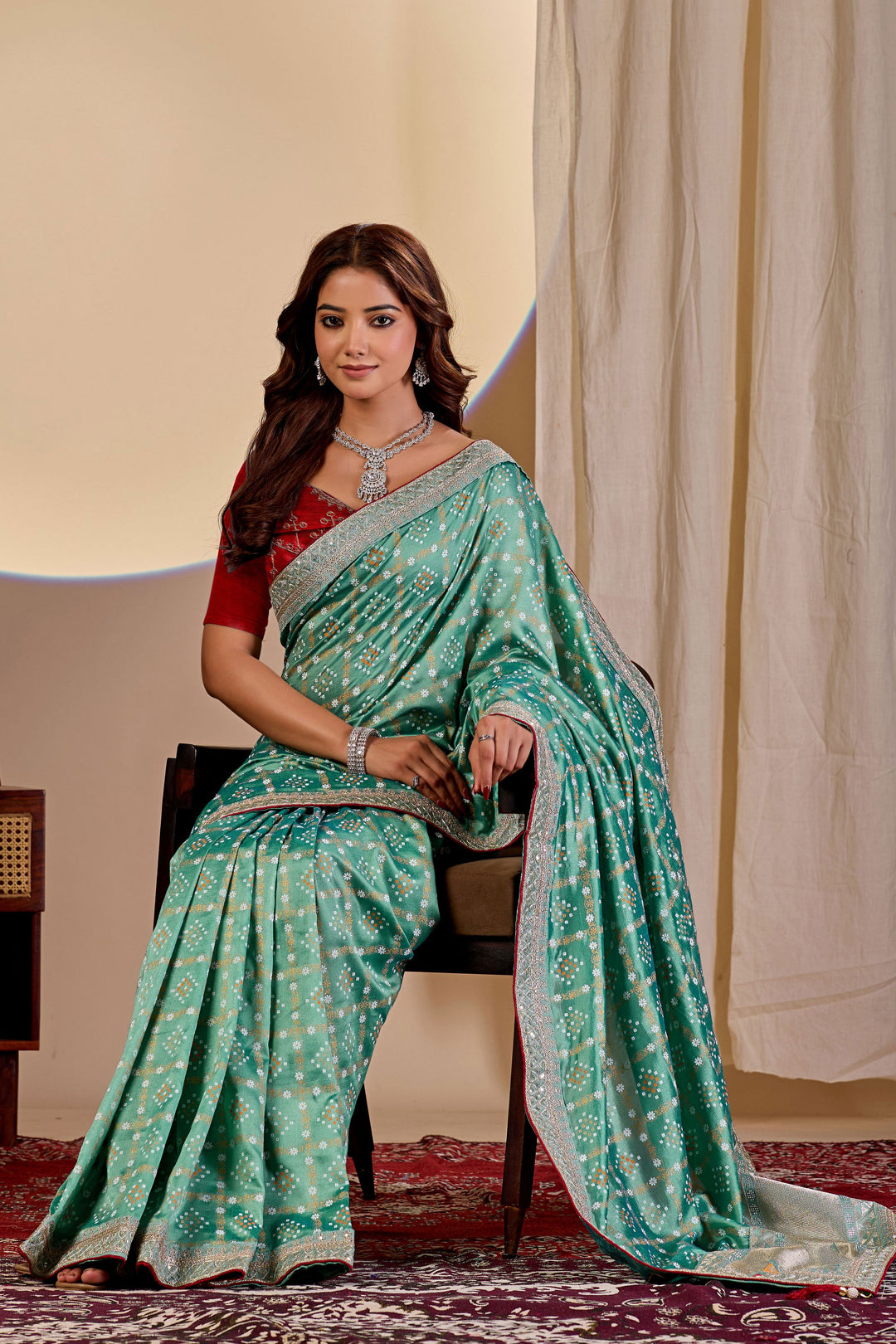 Soothing Bandhani Style Printed Saree In Sea Green Color