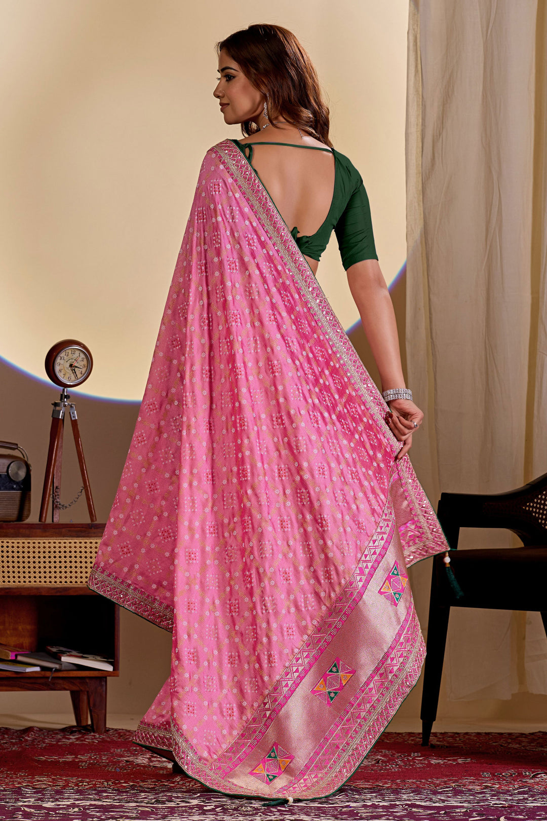 Blazing Pink Color Bandhani Style Printed Saree