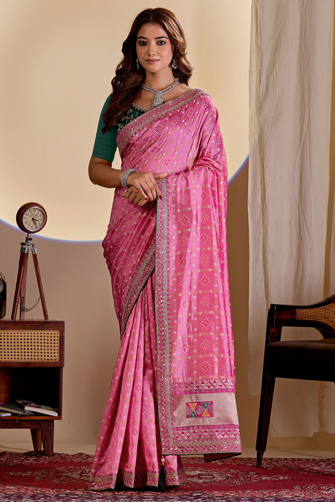 Blazing Pink Color Bandhani Style Printed Saree
