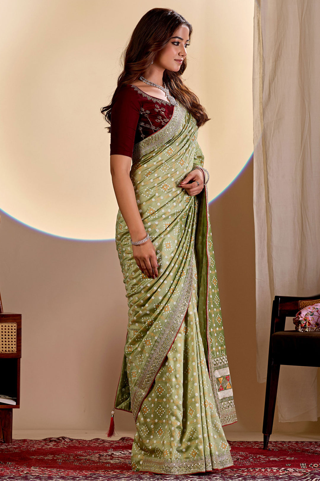 Sea Green Color Glamorous Bandhani Style Printed Saree