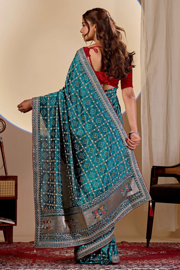 Attractive Bandhani Style Printed Saree In Teal Color