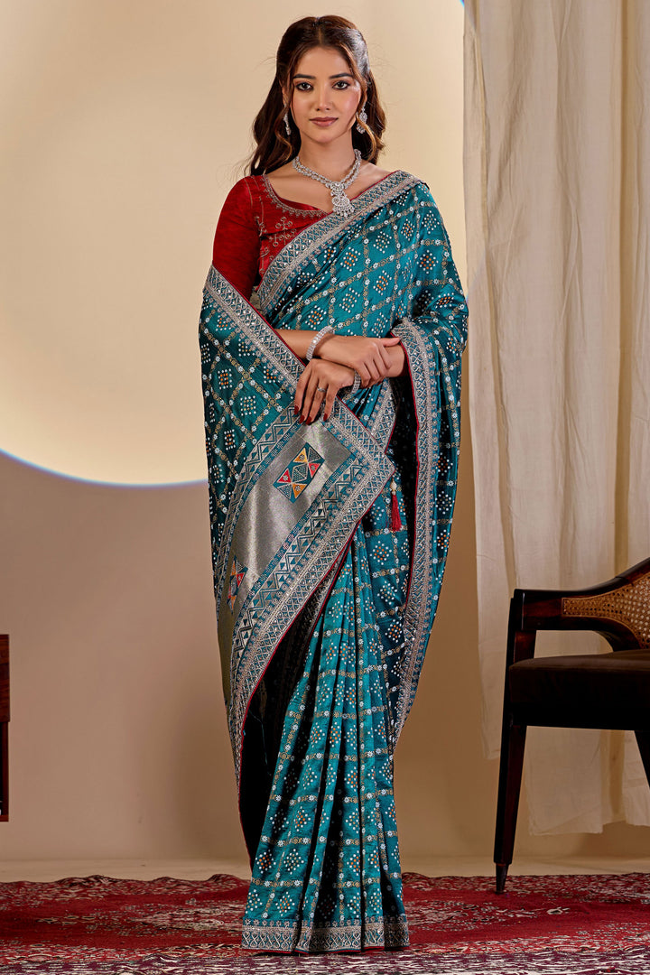 Attractive Bandhani Style Printed Saree In Teal Color