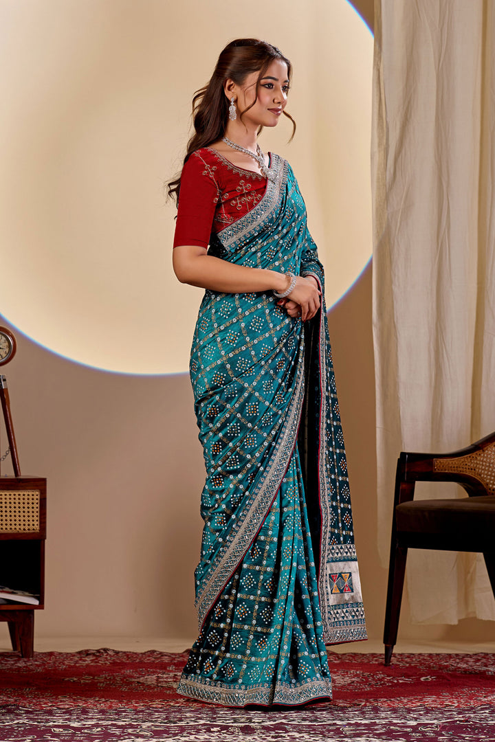 Attractive Bandhani Style Printed Saree In Teal Color
