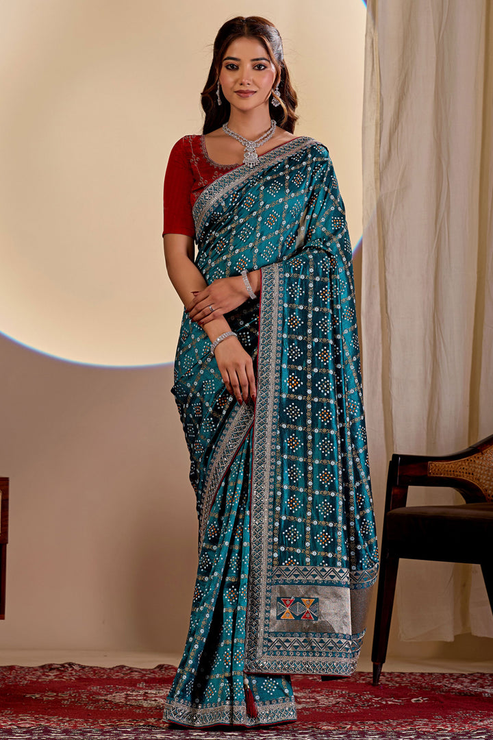 Attractive Bandhani Style Printed Saree In Teal Color
