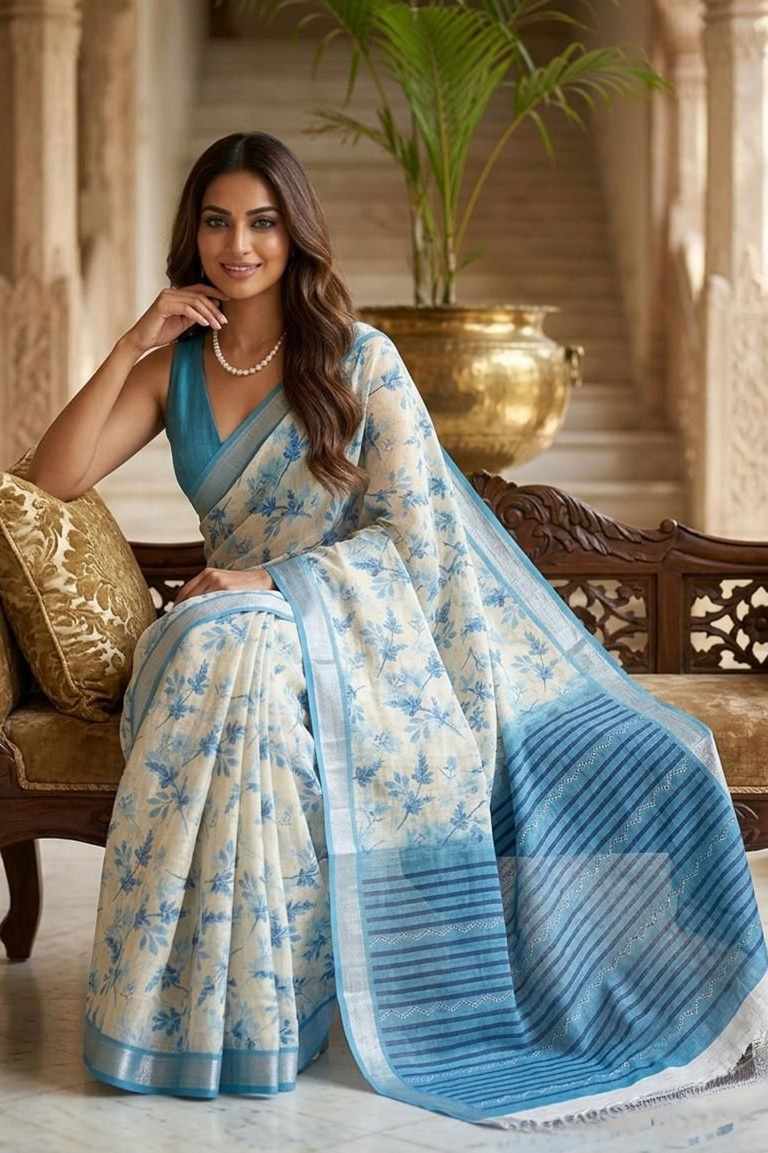 Blue Color Floral Printed  Beatific Linen Silk Saree