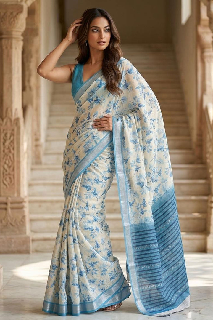 Blue Color Floral Printed  Beatific Linen Silk Saree