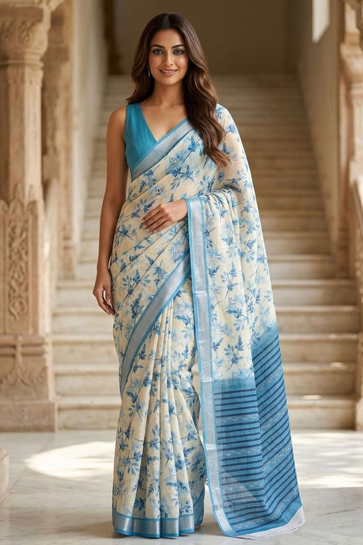 Blue Color Floral Printed  Beatific Linen Silk Saree