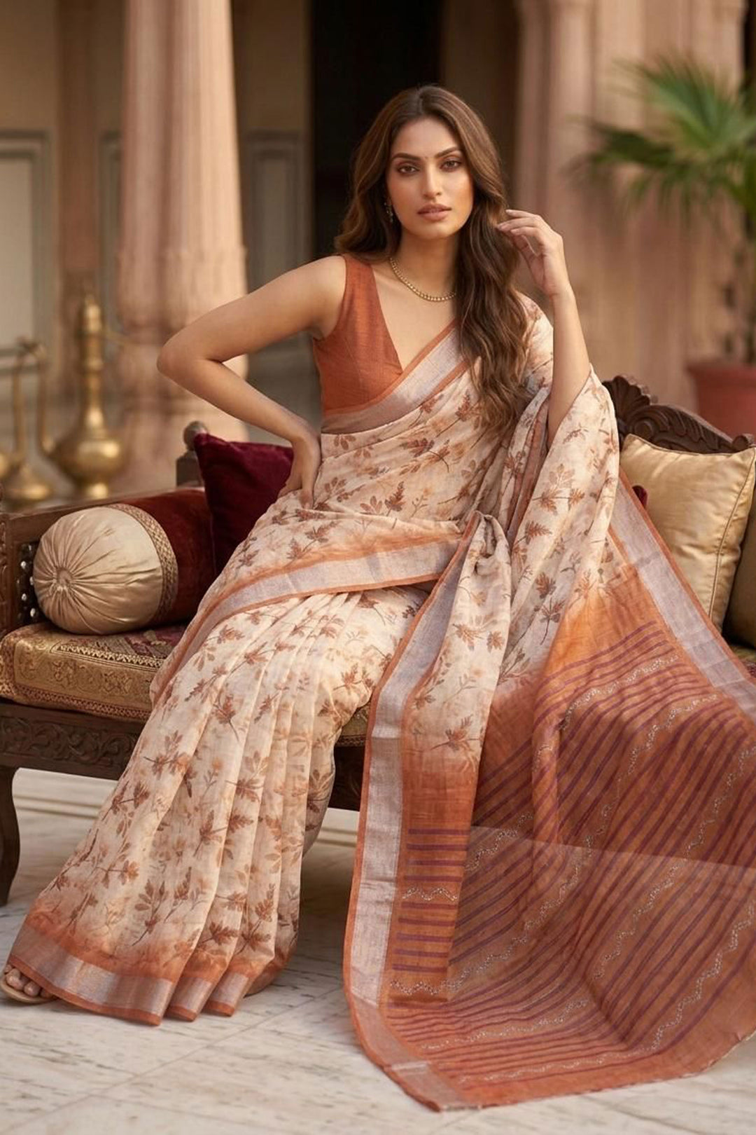 Beguiling Floral Printed Orange Color Linen Silk Saree