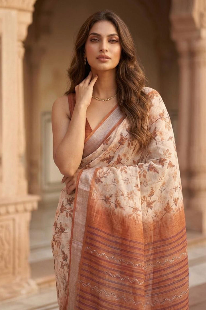 Beguiling Floral Printed Orange Color Linen Silk Saree