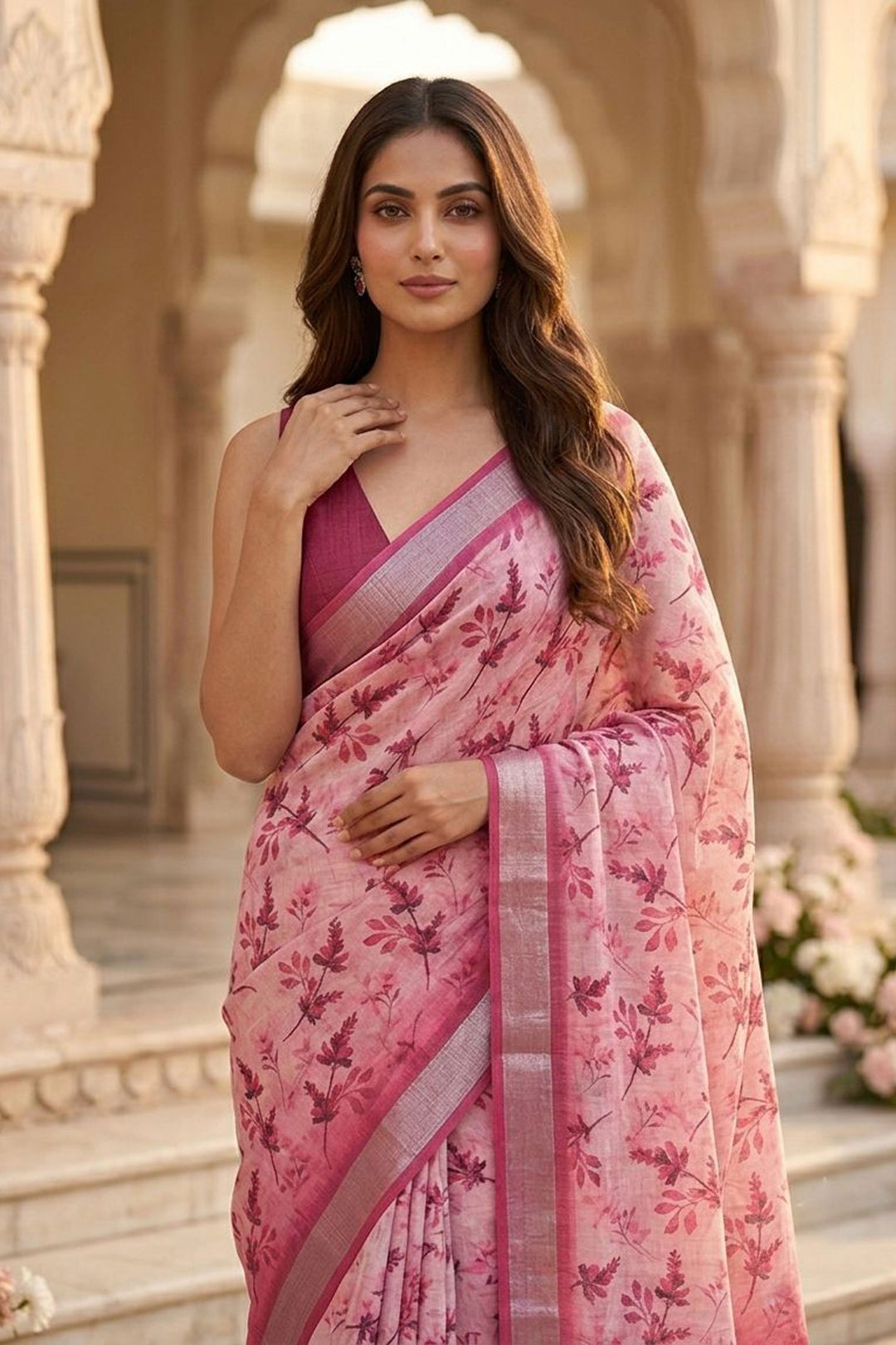 Tempting Pink Color Linen Silk Floral Printed Saree