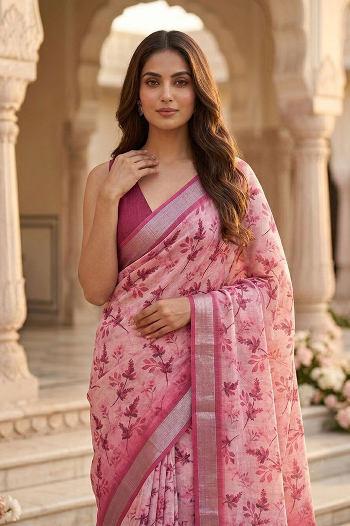 Tempting Pink Color Linen Silk Floral Printed Saree