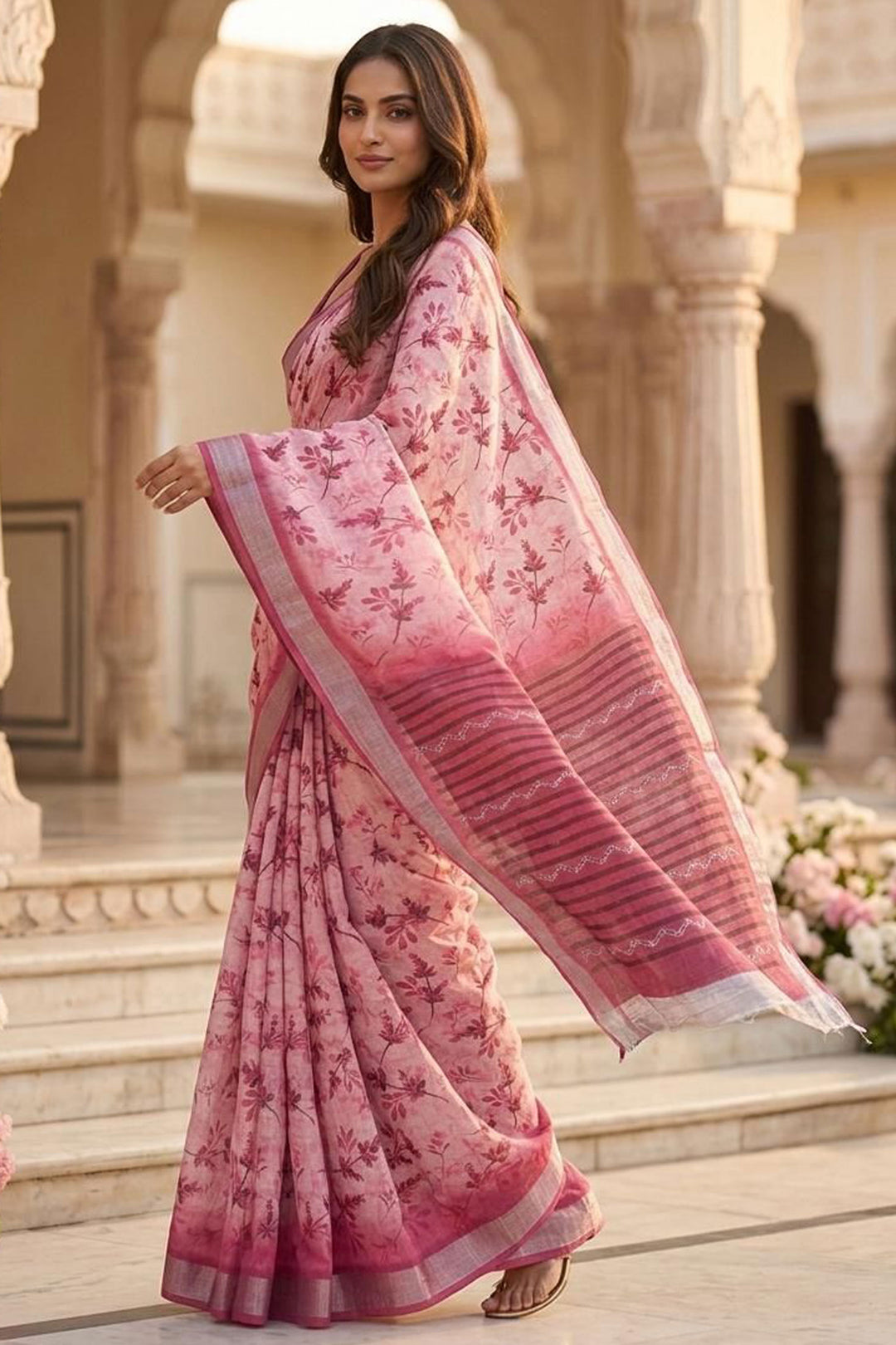 Tempting Pink Color Linen Silk Floral Printed Saree