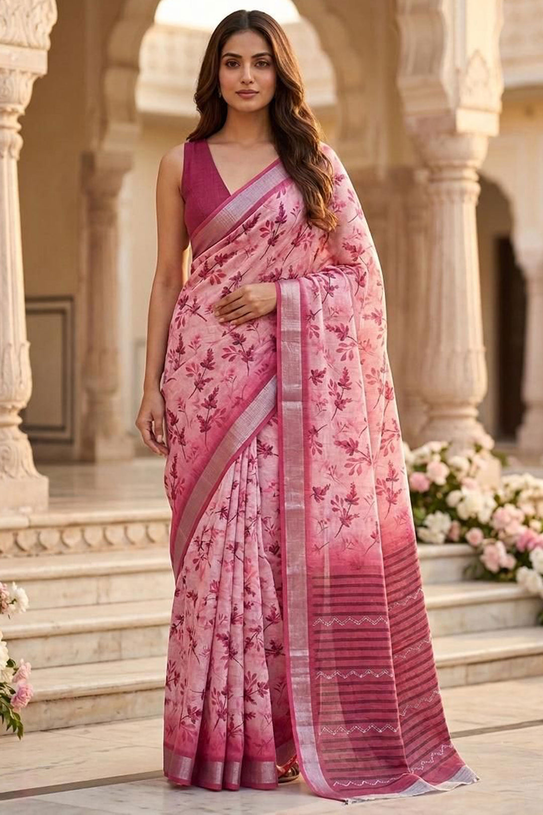 Tempting Pink Color Linen Silk Floral Printed Saree