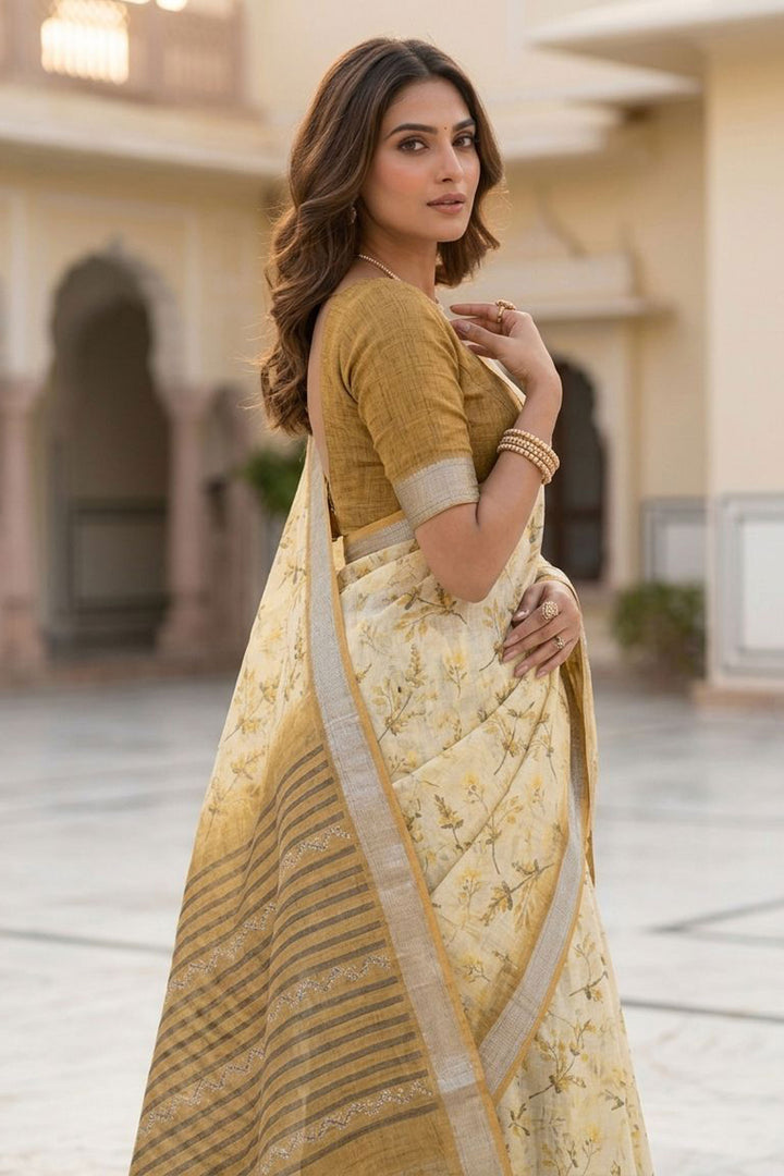 Engaging Yellow Color Linen Silk Floral Printed Saree