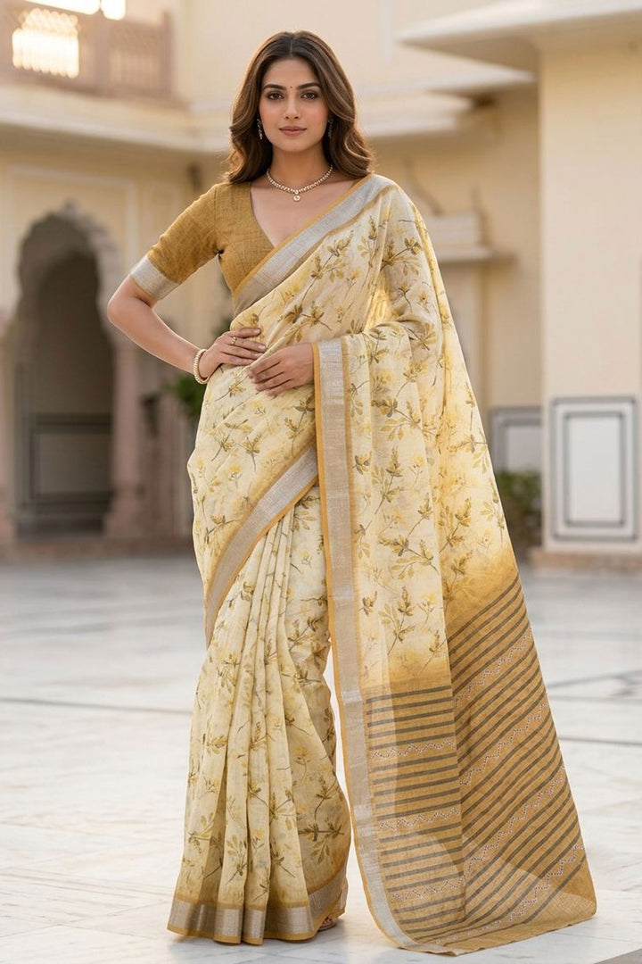 Engaging Yellow Color Linen Silk Floral Printed Saree