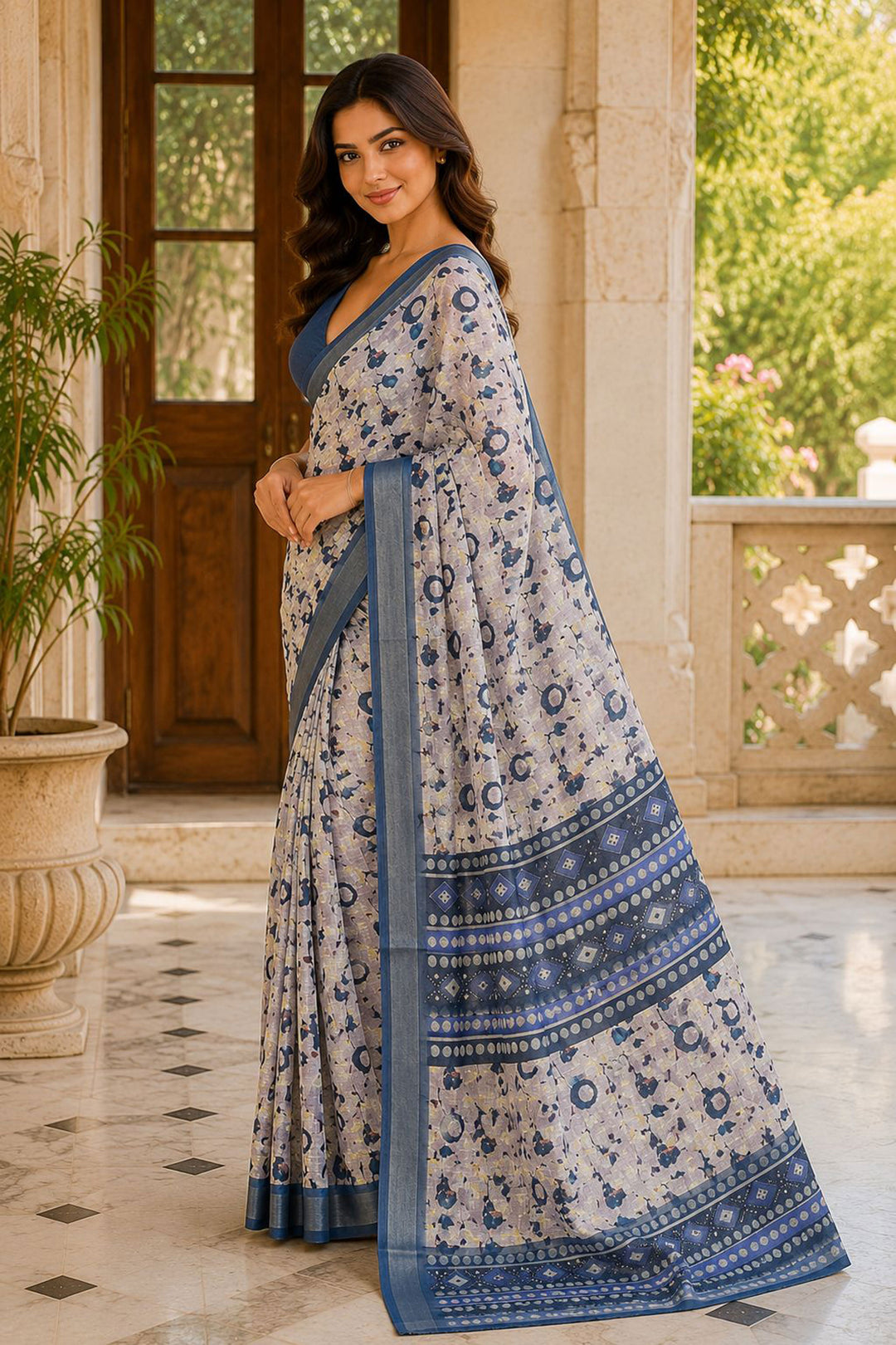 Classic Floral Printed Blue Color Linen Silk Saree