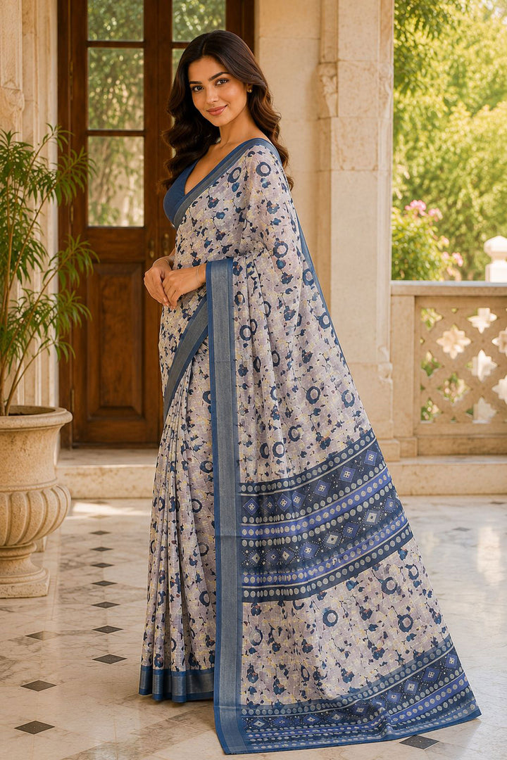 Classic Floral Printed Blue Color Linen Silk Saree