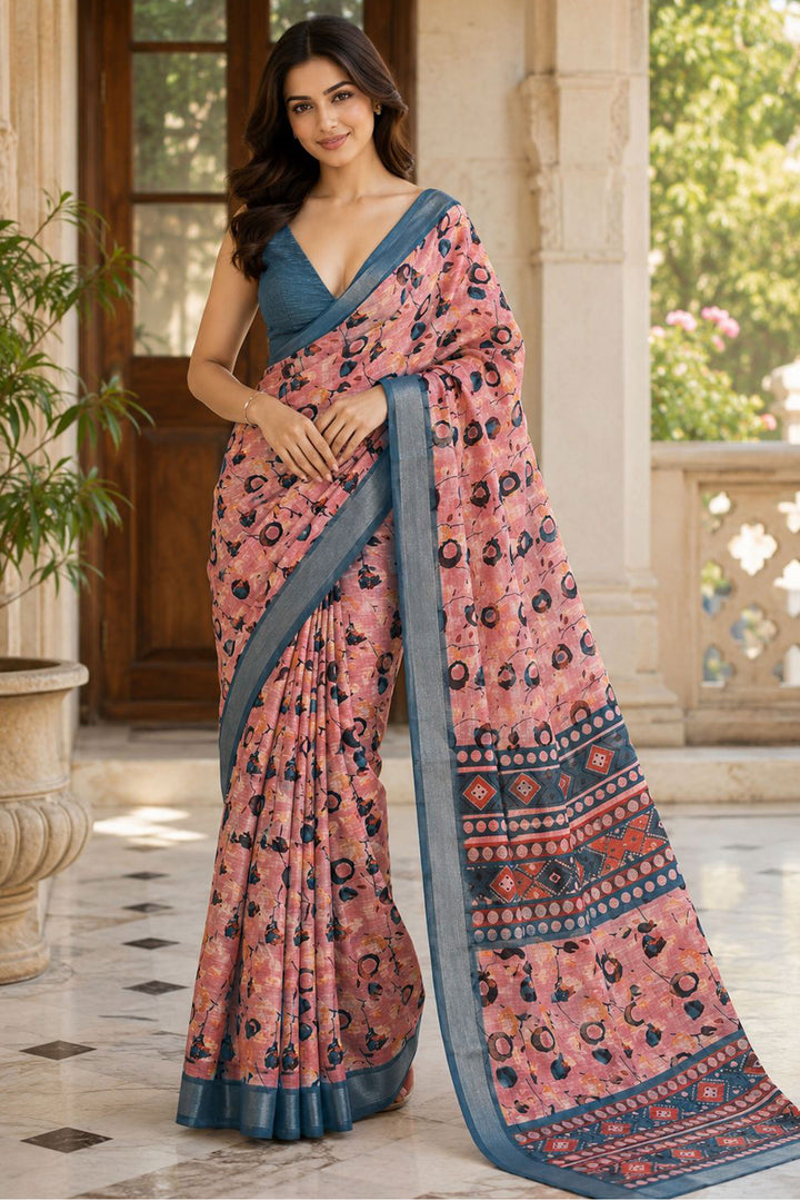 Amazing Peach Color Floral Printed Linen Silk Saree