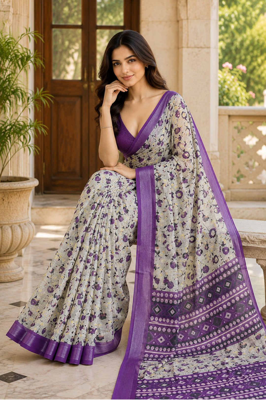 Sober Purple Color Linen Silk Floral Printed Saree