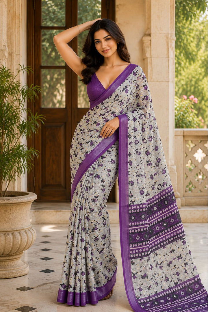 Sober Purple Color Linen Silk Floral Printed Saree