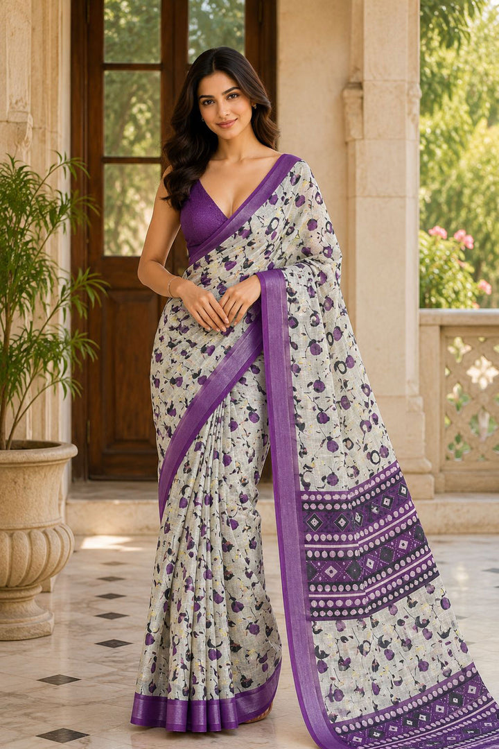 Sober Purple Color Linen Silk Floral Printed Saree