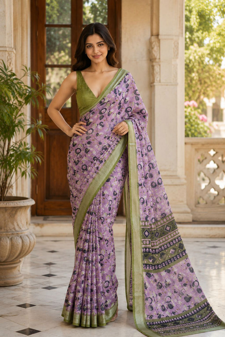 Lavender Color Floral Printed  Engaging Linen Silk Saree