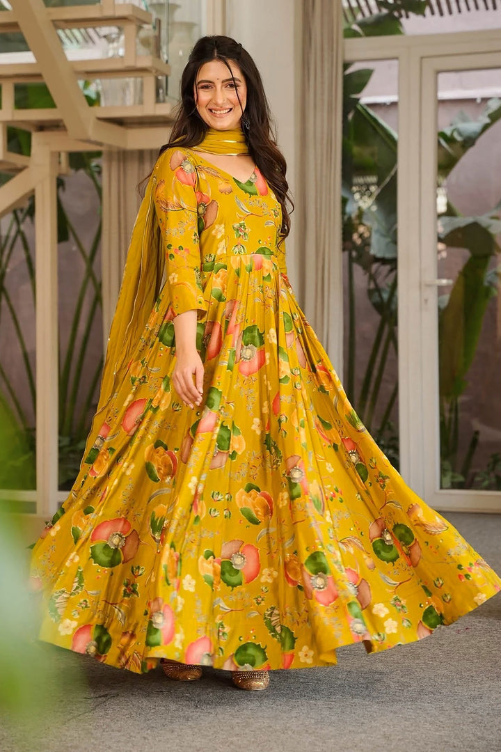 Mustard Color Attractive Readymade Royon Gown With Dupatta