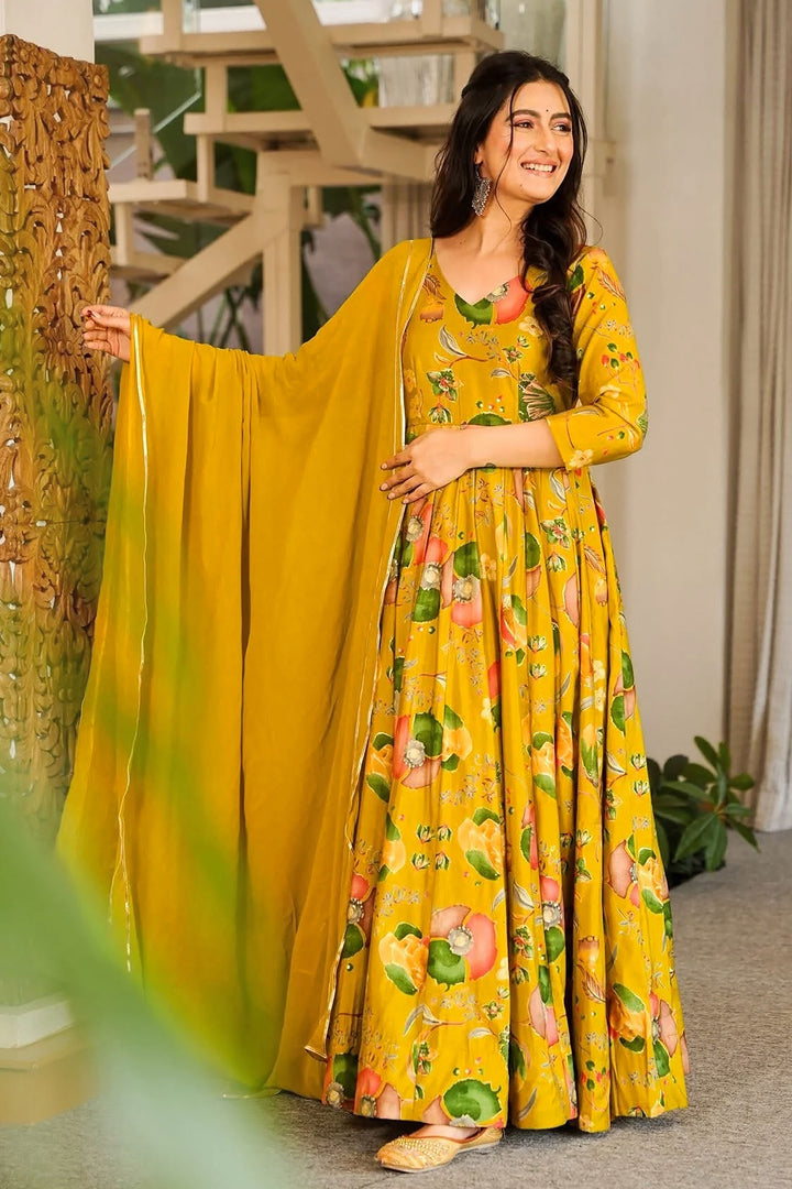 Mustard Color Attractive Readymade Royon Gown With Dupatta