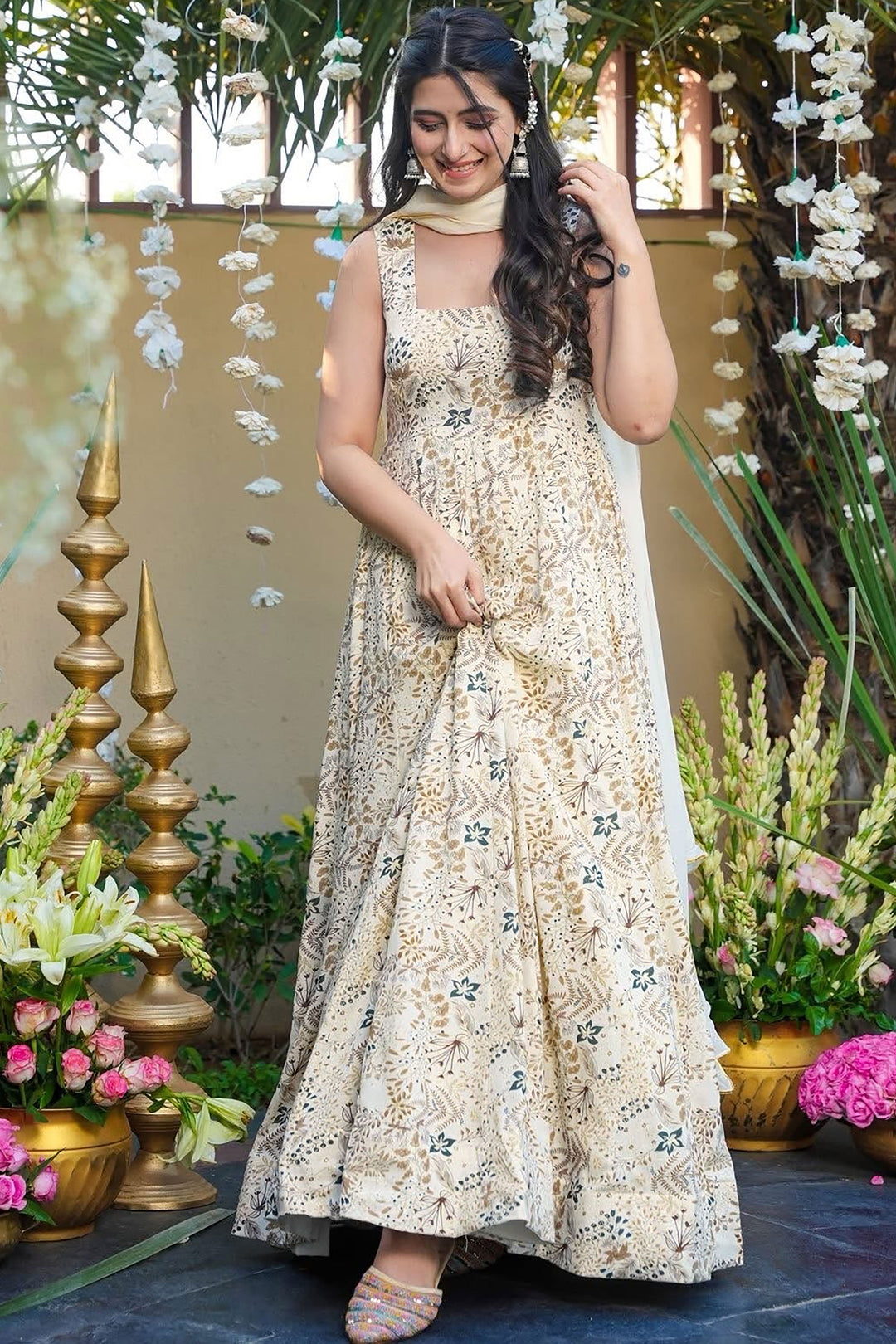 Off White Color Beautiful Readymade Royon Gown With Dupatta