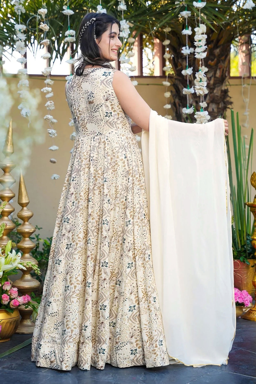 Off White Color Beautiful Readymade Royon Gown With Dupatta