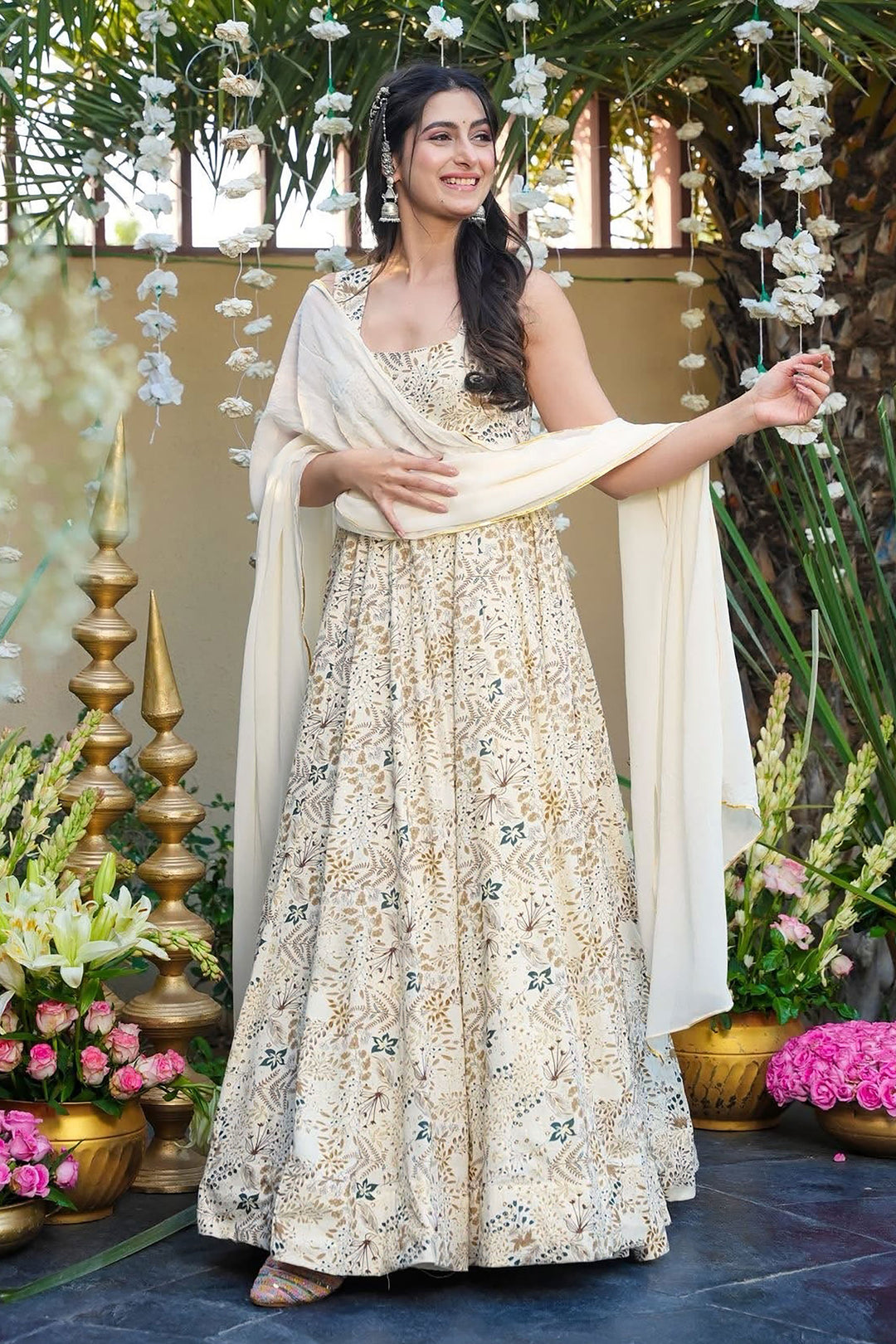 Off White Color Beautiful Readymade Royon Gown With Dupatta