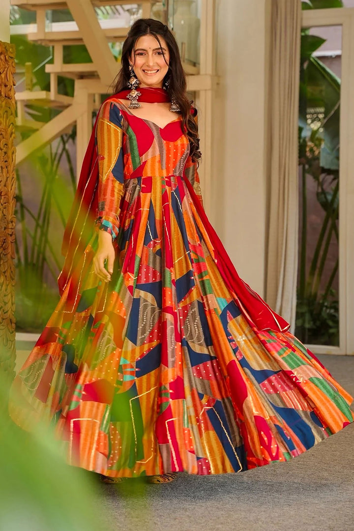 Red Color Glamorous Readymade Royon Gown With Dupatta