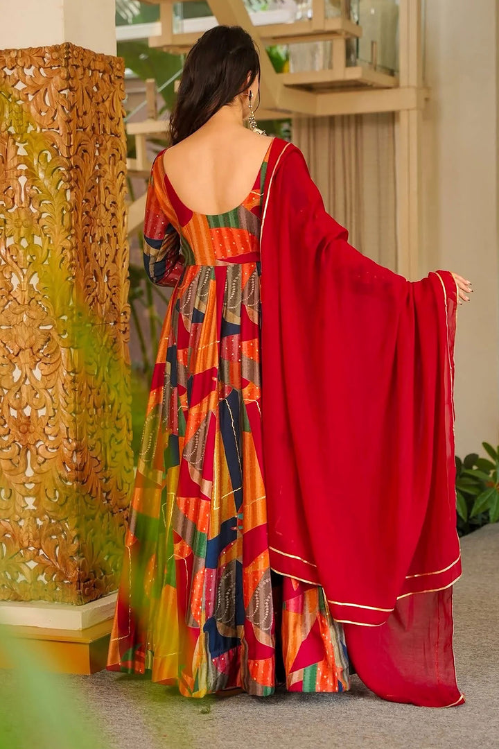 Red Color Glamorous Readymade Royon Gown With Dupatta