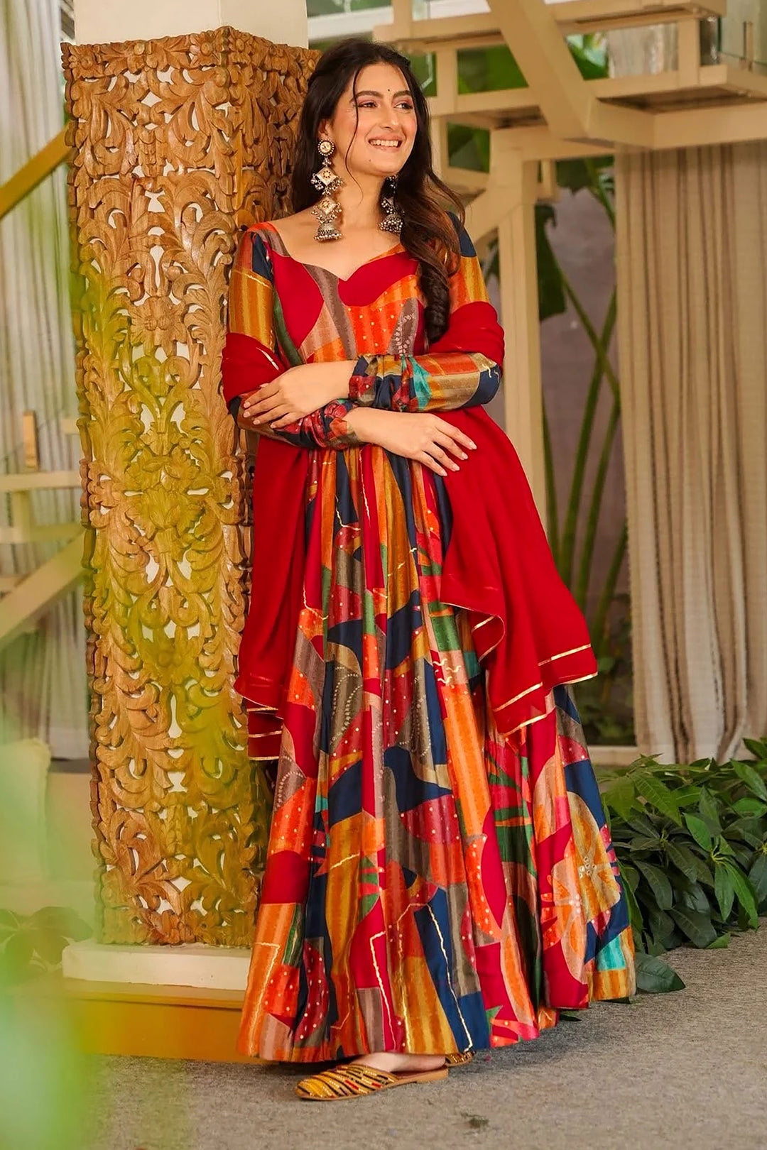 Red Color Glamorous Readymade Royon Gown With Dupatta
