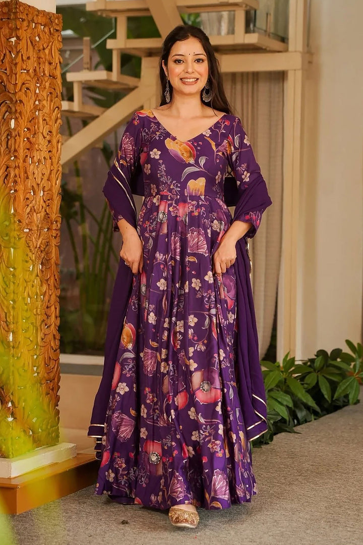 Purple Color Glorious Readymade Royon Gown With Dupatta