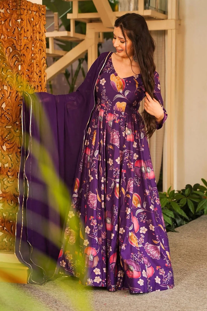 Purple Color Glorious Readymade Royon Gown With Dupatta